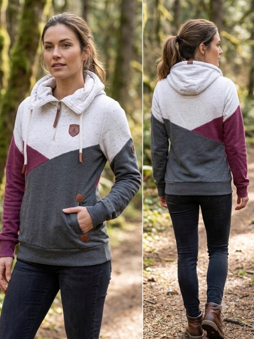 Wanakome Tri-Block Pullover Hoodie in White, Gray & Plum